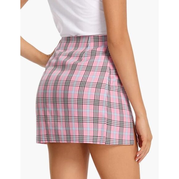Pink Plaid Checker Print High Waist Fitted Split Pencil Bodycon Mini Skirt - Picture 6 of 7